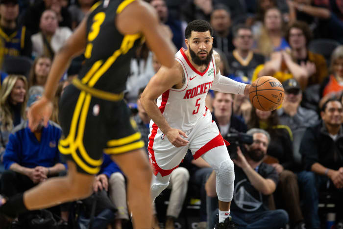 Rockets guard Fred VanVleet (5) brings the ball upcourt against the Golden State Warriors during the fourth quarter at Chase Center.
